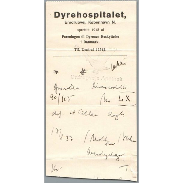 Recept - Ordrupvejs Apotek - Dyrehospitalet - 13 - 8 - 1937