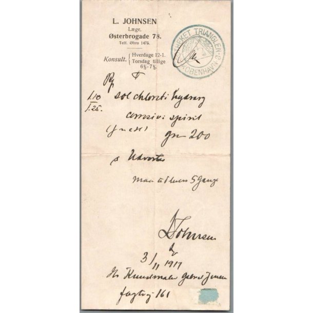 Recept - Trianglens Apotek - L�ge L. Johnsen - 3 - 11 - 1917