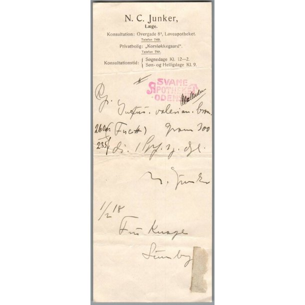 Recept - Svane Apoteket - Odense - L�ge N.C. Junker - 1 - 2 - 1918