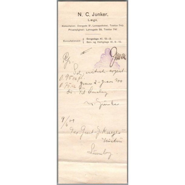 Recept - Odense L�ve Apotek - L�ge N.C. Junker - 9 - 6 - 1909
