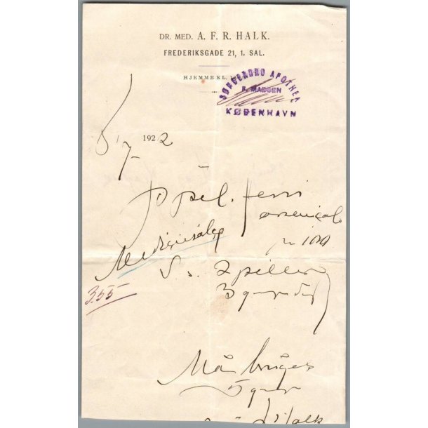 Recept - S�nderbros Apotek - Dr.Med A.F.R. Halk - 5 - 7 - 1922
