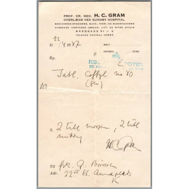 Recept - KGL - Hof  Apotek - Prof.Dr. Med H.C. Gram - 22 - 4 - 1947