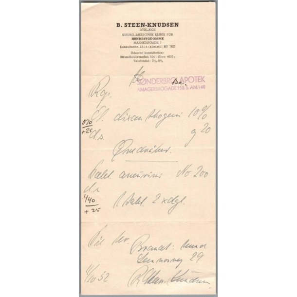 Recept - S�nderbros Apotek - L�ge Steen-Knudsen - 11 - 10 - 1952