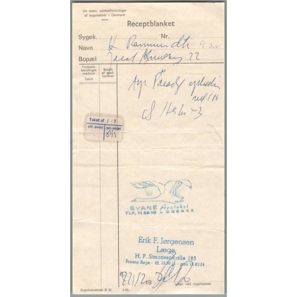 Recept - Svane Apoteket - Odense - L�ge J�rgensen - 22 - 12 - 1971
