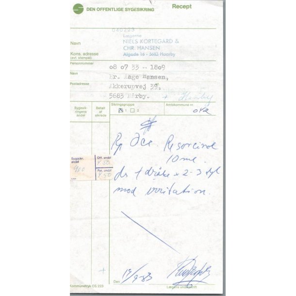Recept - Haarby Apotek - L�gerne Korteg�rd &amp; Hansen - 19 - 9 - 1983