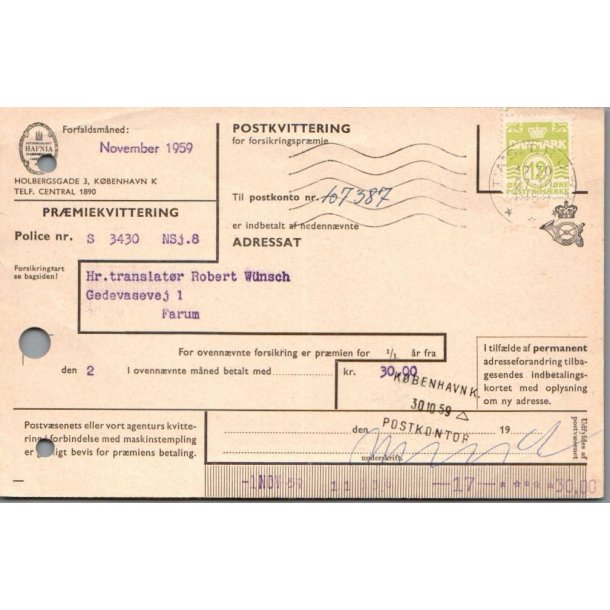 Pr�miekvitering - Hafnia  - Postkvitering 