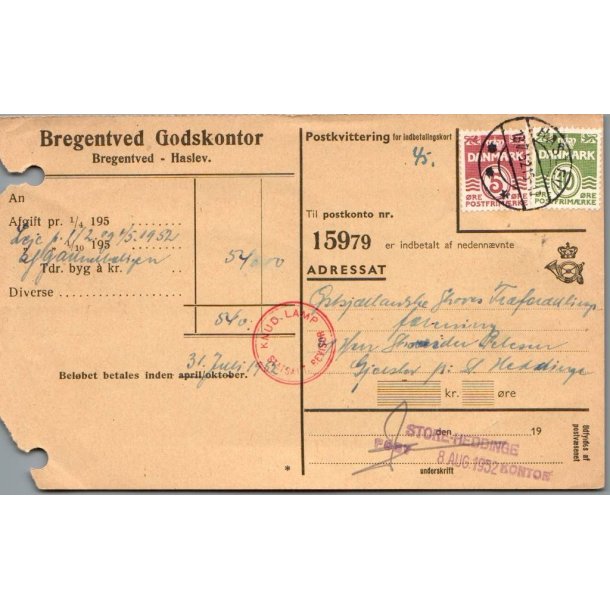 Bregentved Godskontor  - Postkvitering - Arkivhuller !"