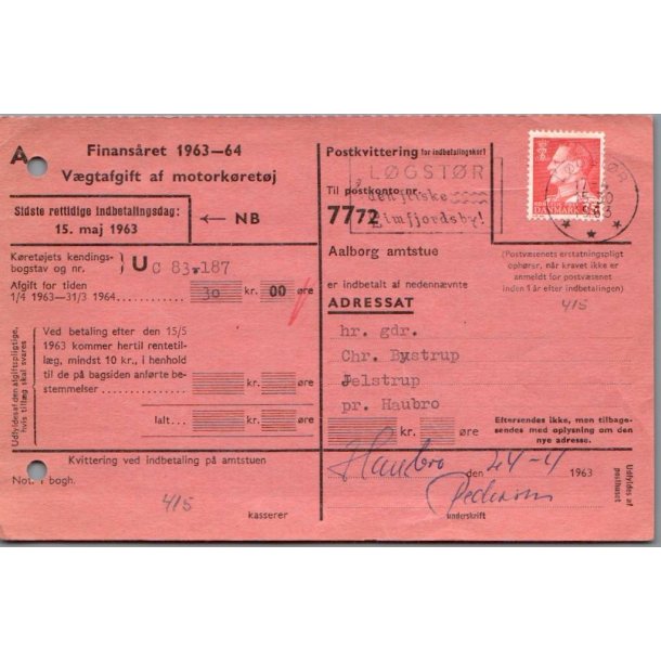 V�gtafgift af motork�rert�j - 30,- kr - Indbetalingskort