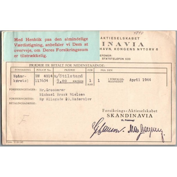 Bilforsikring 1944 - 9,00 - Skandinavia Indbetalingskort