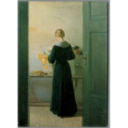 Anna Ancher - En ung pige ordner blomster  - Postkort - Brugt