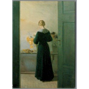 Anna Ancher - En ung pige ordner blomster  - Postkort - Brugt
