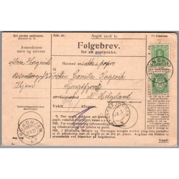 F�lgebrev for en postpakke  - Norge - 11 - 10 - 1921