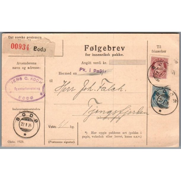F�lgebrev for innenrisk pakke  - Norge - 22- 1 - 1924