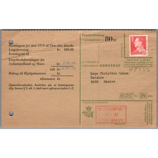 Kontingent til De alm. danske L�geforening  - Postkvitering
