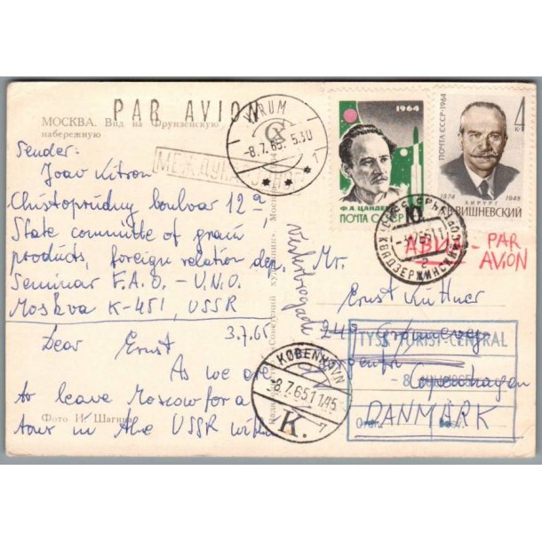 Postkort fra Rusland til K�benhavn 8 - 7 - 65 - Med p�tregninger.
