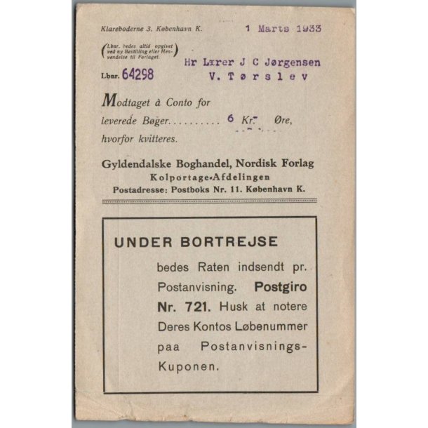 Postindkassering - Gyldendals Boghandel - 1933 - 6,- kr