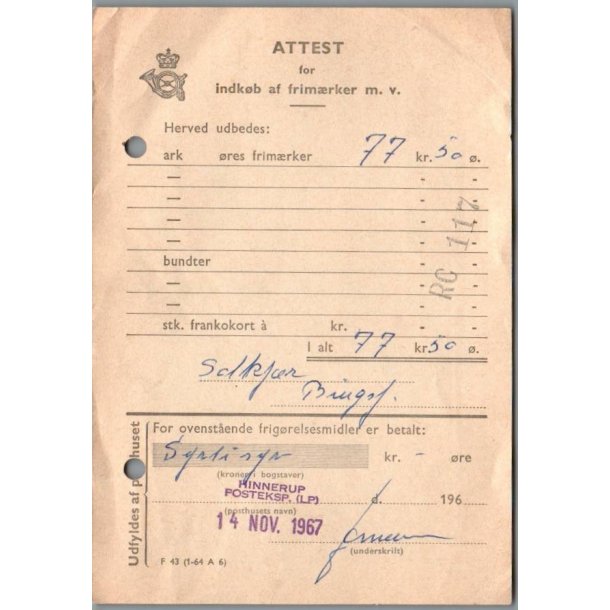 Attest for indk�b af frim�rker