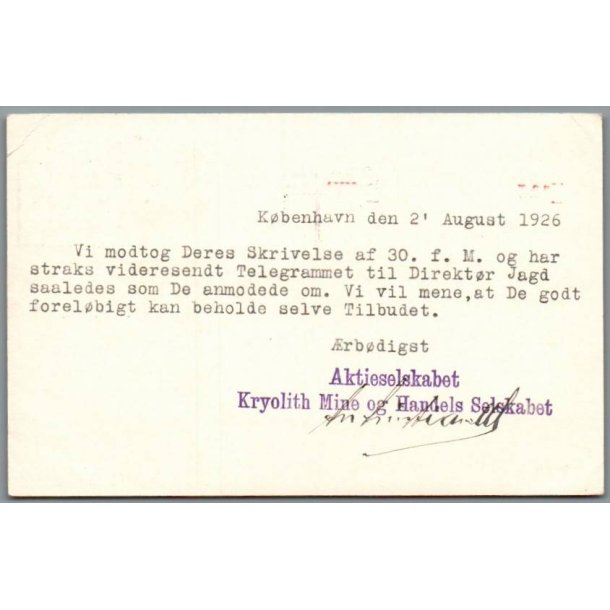 Aktieselskabet Kryolit Mine og Handels Selskabet   - Postkort - Brugt