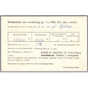 Meddelse om vurdering 1956 - Ejlstrup - Helsinge - Postkort - Brugt