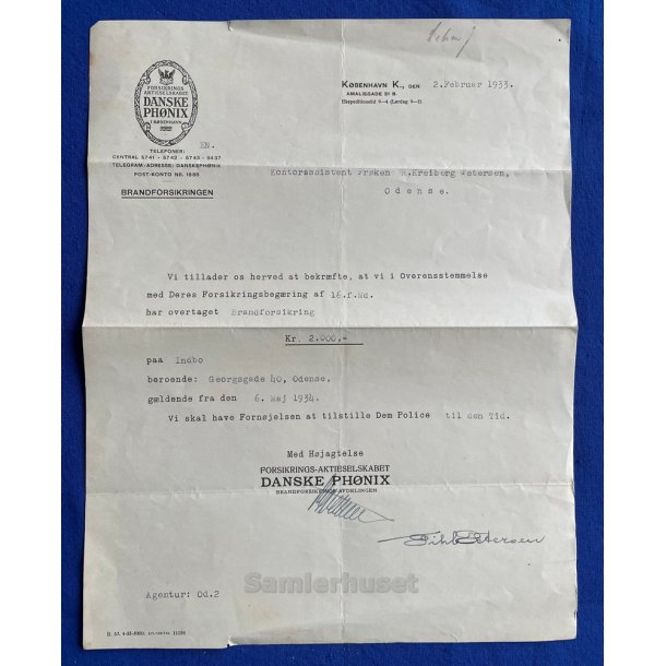 Danske Ph�nix - K�benhavn - K - Brandforsikring 2. Februar 1933