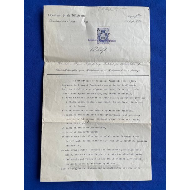 Udskrift k�benhavns Byrets Skifteret - Anmeldelse af d�dsfald - C.A. F. Jensen - 21 - 7 - 1925