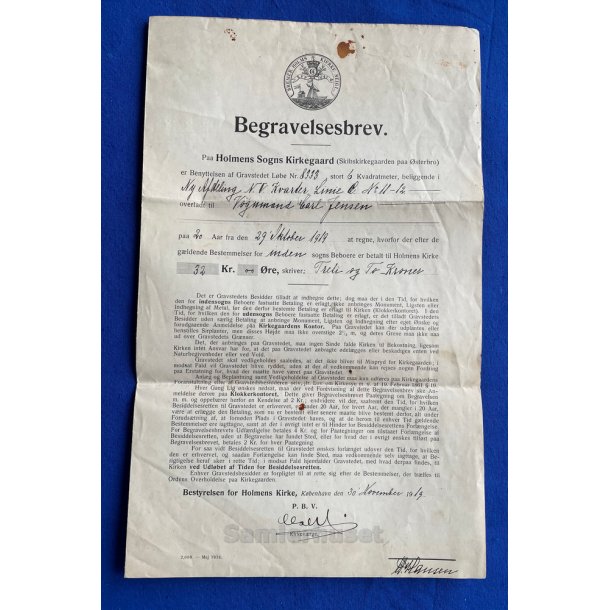 Begravelsesbrev - Vognmand Carl Jensen - Holmens  Sogns Kirkegaard - 1919