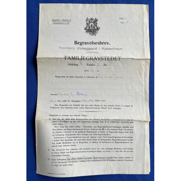Begravelsesbrev - Familiegravsted - Fru Hilda Jensen - Hellerup - Bispebjerg Kirkegaard - 1936