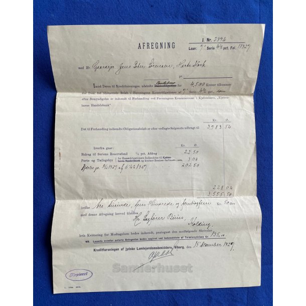 Afregning for solgt pantebrev 1927