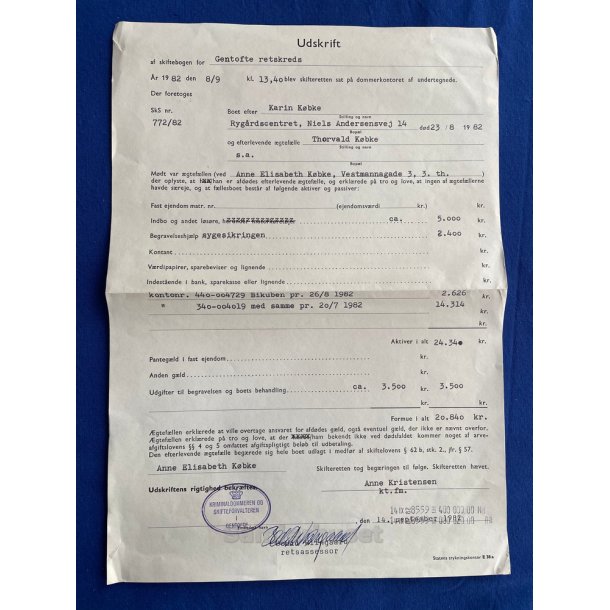 Gentofte Retskreds - Udskrift Skifteret 1982