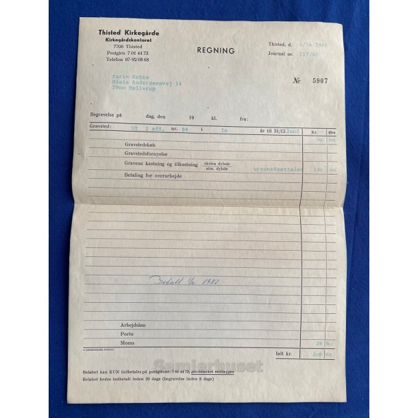 Regning - Thisted Kirkeg�rde - 1982