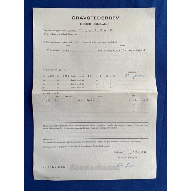Gravstedsbrev - Thisted Kirkegrde - 1982
