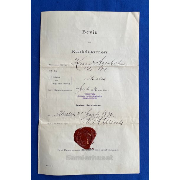 Bevis for Realeksamen - Karin Agerholm - Thisted 1936