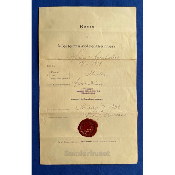 Bevis for Mellemskoleeksamen - Karin Agerholm - Thisted 1935
