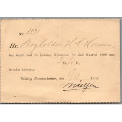 Kvittering Kolding K�mnerkontor 1898 - 3 kr. 20 �re