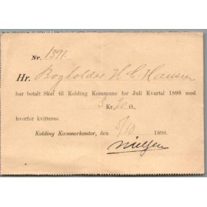 Kvittering Kolding K�mnerkontor 1898 - 3 kr. 20 �re