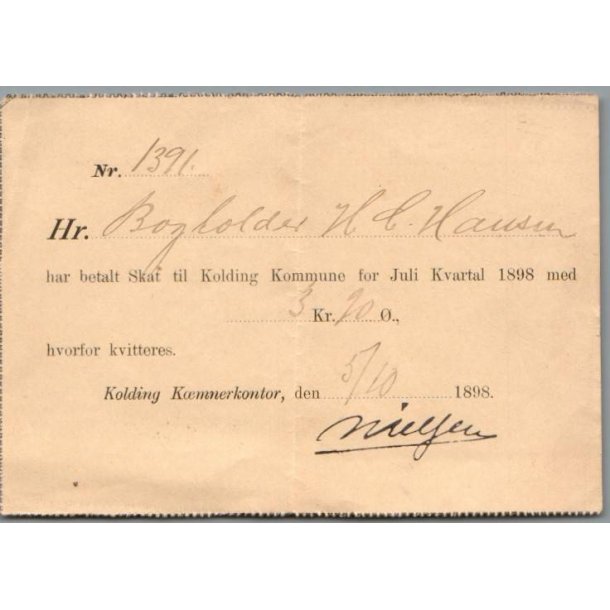 Kvittering Kolding K�mnerkontor 1898 - 3 kr. 20 �re