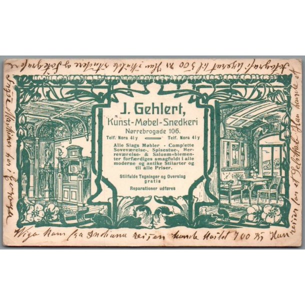 J. Gehlert - Kunst - M�bel - Snedkeri - N�rrebrogade 106 - Postkort - Brugt
