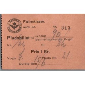 Danske Statsbaner - Pladsbillet Lyntog - 1 kr.