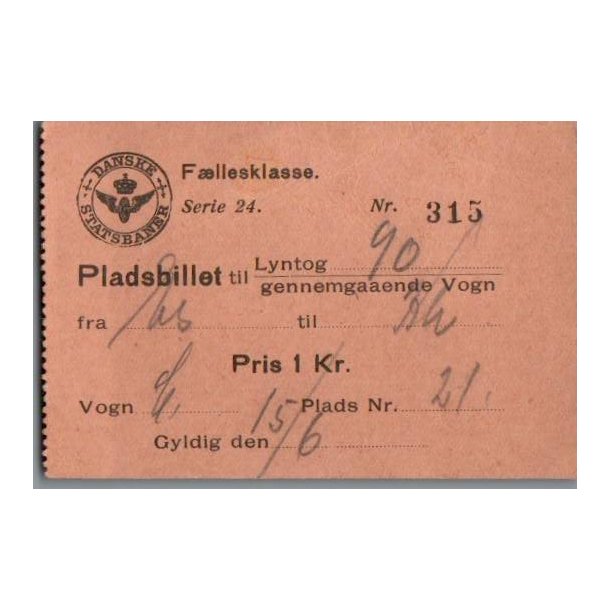 Danske Statsbaner - Pladsbillet Lyntog - 1 kr.