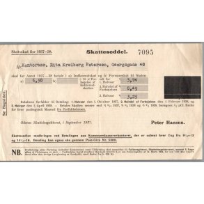 Skatteseddel - Statsskat 1937 - 38 - At Betale 3,74 Kr.
