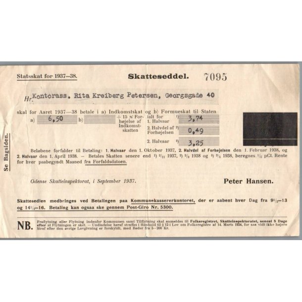 Skatteseddel - Statsskat 1937 - 38 - At Betale 3,74 Kr.