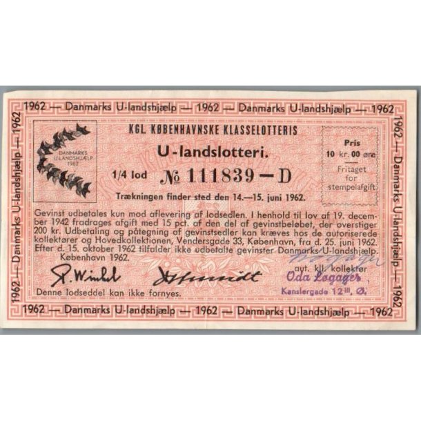 Kgl. K�benhavnske Klasselotteris - U Landslotteri 1962