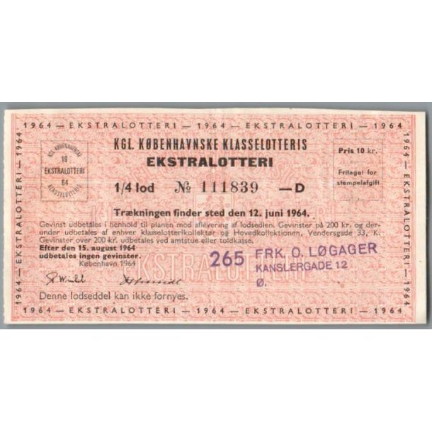 Kgl. K�benhavnske Klasselotteris - Ekstralotteri 1964