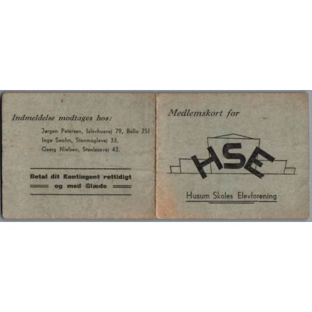 Medlemskort for Husum Skoles Elevforening 1944/45