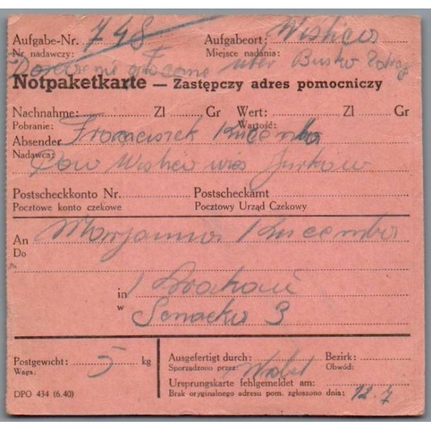 Notpaketkarte - 12 - 7 - 1941 - Krakau