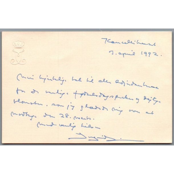 Autograf - Dronning Ingrid  - P� takkekort 3. April 1992