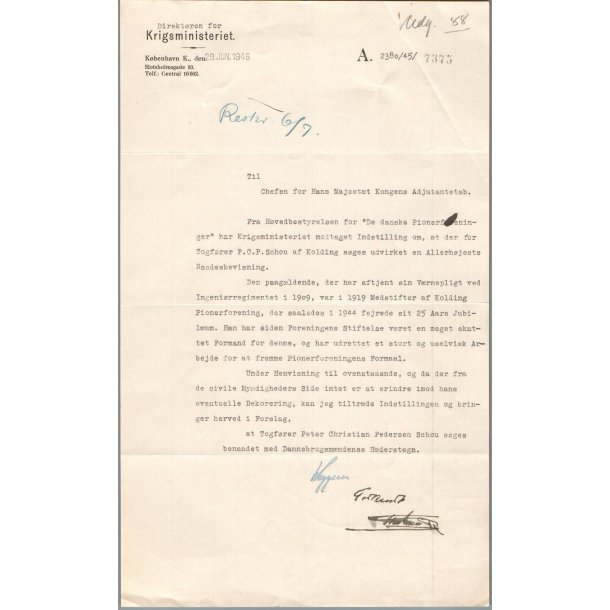 Autograf - Kong Christian X - P� Dokument fra Krigsministeriet - 29. Juni 1946