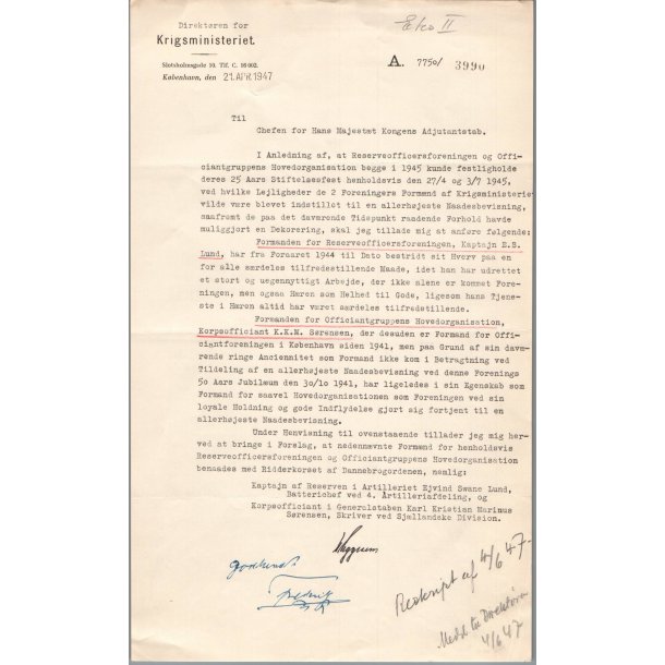 Autograf - Kong Frederik d. IX - P� Dokument fra Krigsministeriet - 21. April 1947 