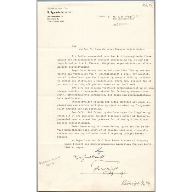 Autograf - Kong Frederik d. IX - P� Dokument fra Krigsministeriet - 21. Okotober 1949