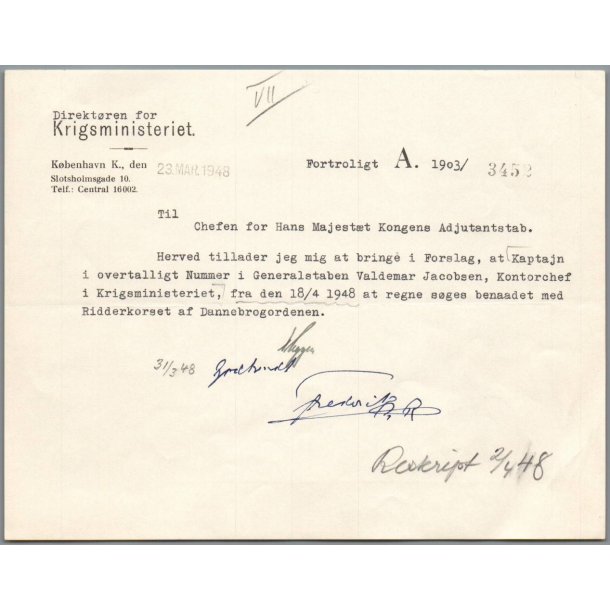 Autograf - Kong Frederik d. IX - P� Dokument fra Krigsministeriet - 23. Marts 1948